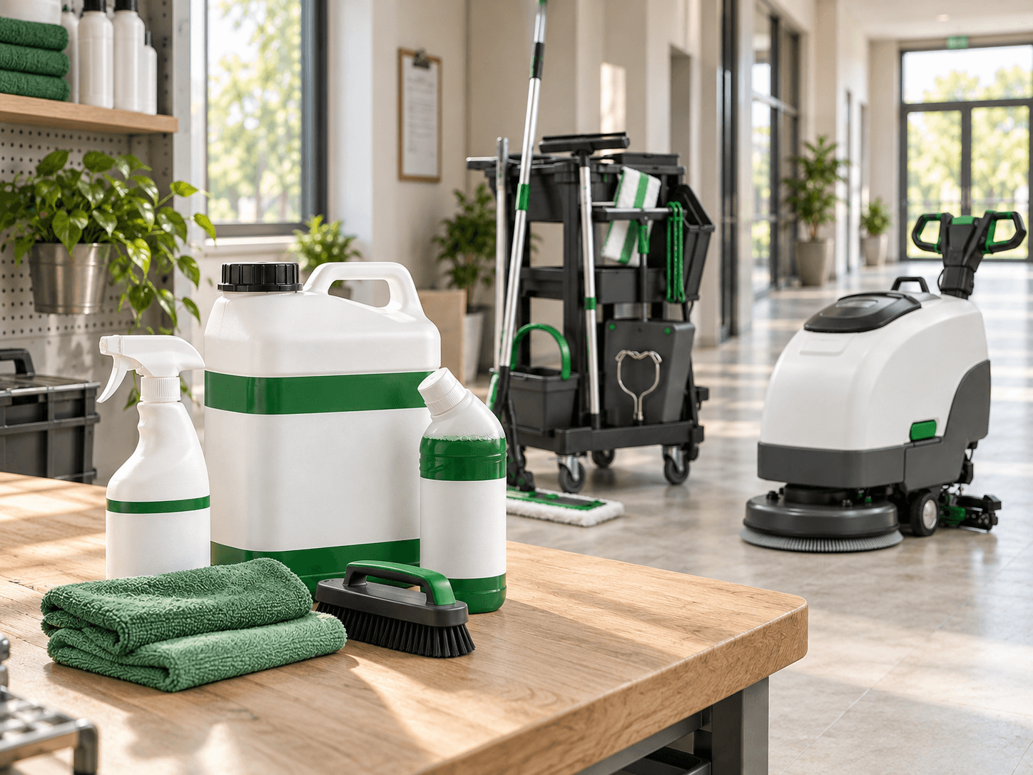Reinigungsmittel, Mikrofasertücher und Bürste mit Reinigungswagen und Scheuersaugmaschine
